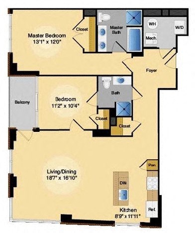 Floor plan for 2 beds, 2 baths, 1106 sqft